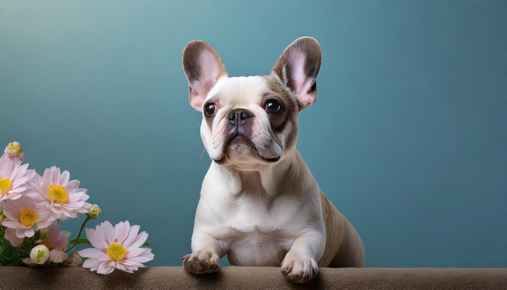 ai generado encantador retrato de un francés buldog con flores junto a foto