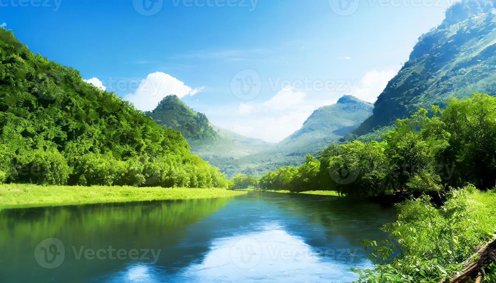 ai generado brillante naturaleza paisaje con montañas rangos y verde arboles junto a río debajo azul cielo foto