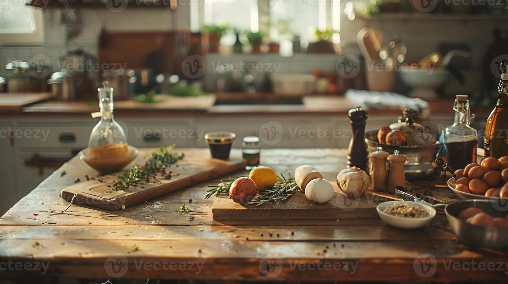 ai generado cocina deberes para culinario excelencia, un de madera mesa conjunto con Fresco ingredientes y herramientas Listo para un Cocinando demostración o receta presentación. foto