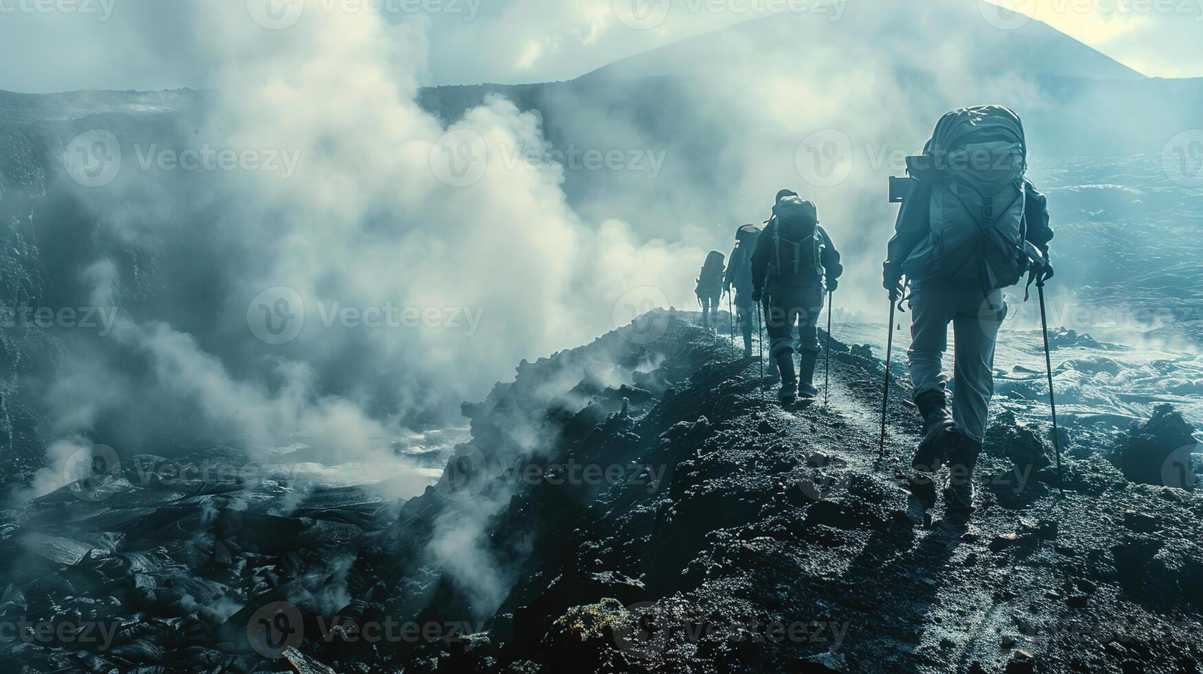 AI generated Hikers Beside an Active Volcano's Rim with Rising Steam, Showcasing Earth's Raw Power and Beauty photo