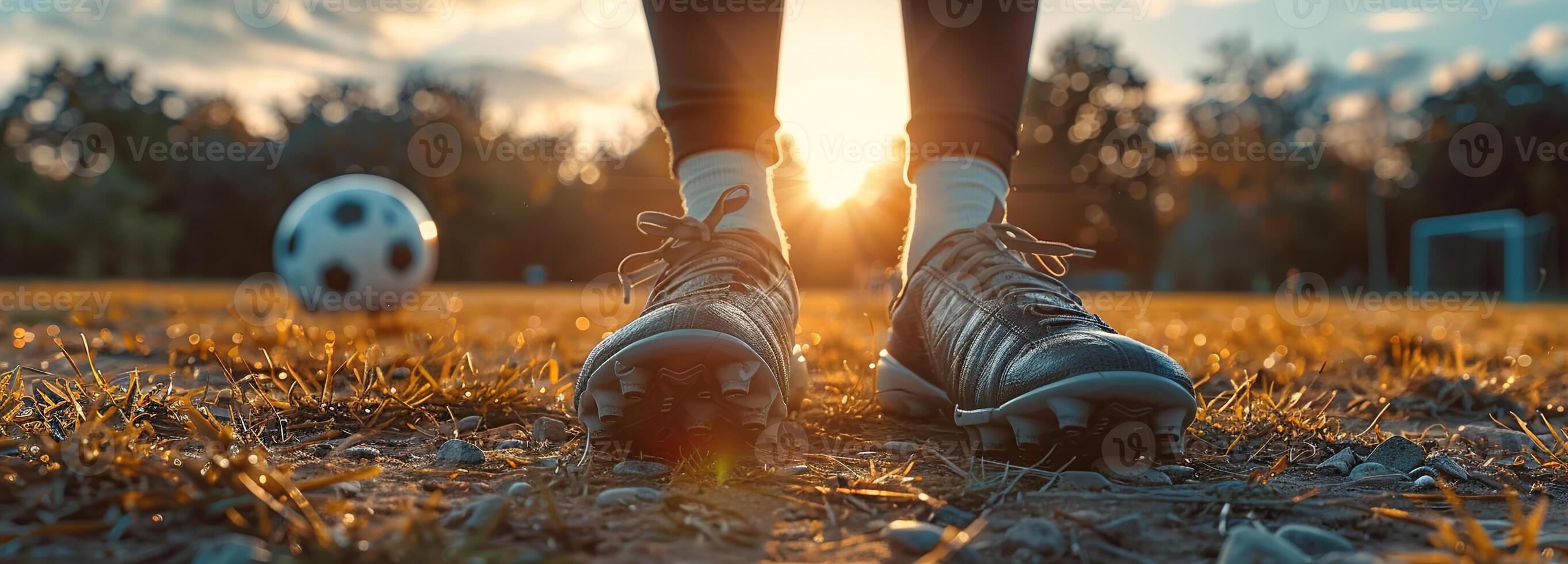AI generated Intense focus on football player's feet and shoes, showcasing skill and precision on the grass field with space for text in afternoon sunlight. photo