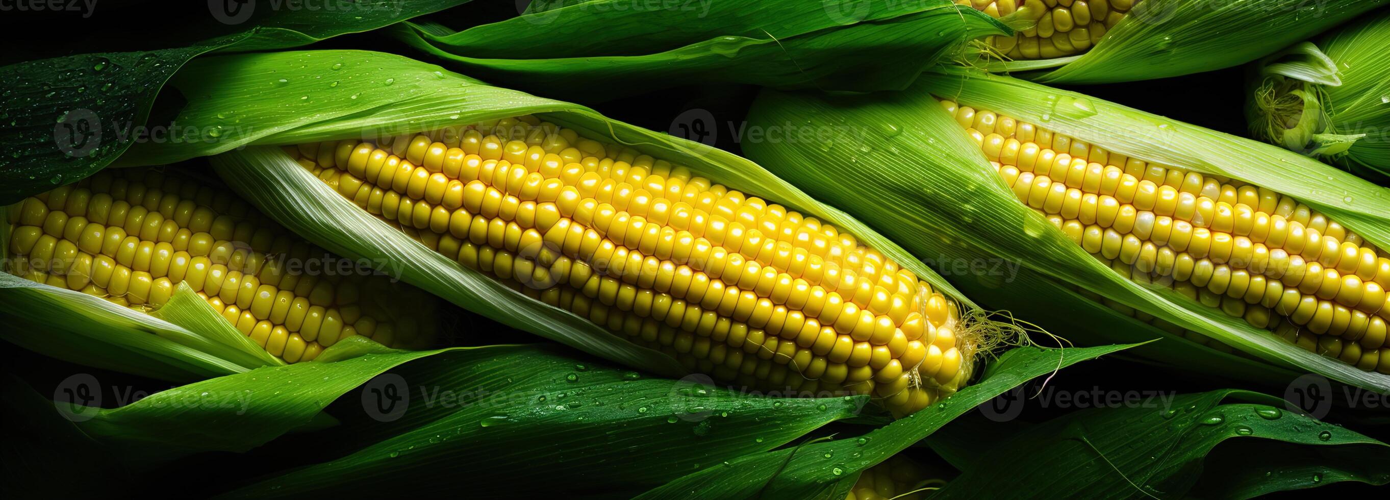 AI generated Bright, fresh sweet corn with leaves in top view, ideal for farm produce. photo