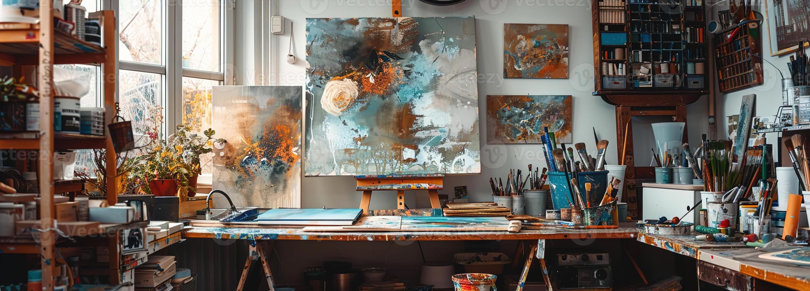 AI generated From sketching to canvas painting, a comprehensive home studio guide with craft supplies and art instruction for aspiring artists and art school concepts photo