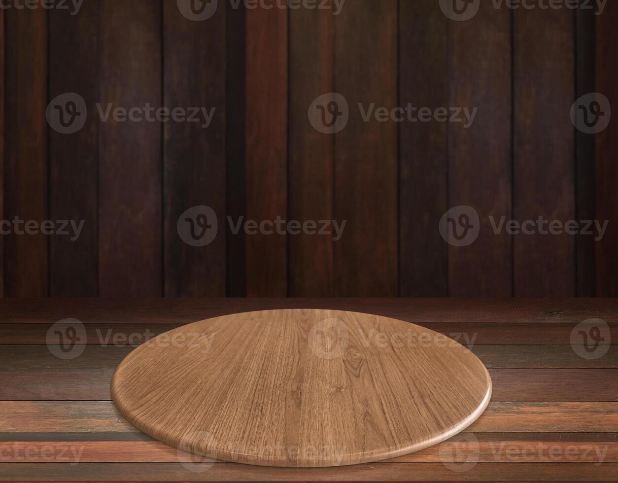 Round wooden board, wooden platform on the floor with shadow, product presentation mockup template. Copy the text area photo