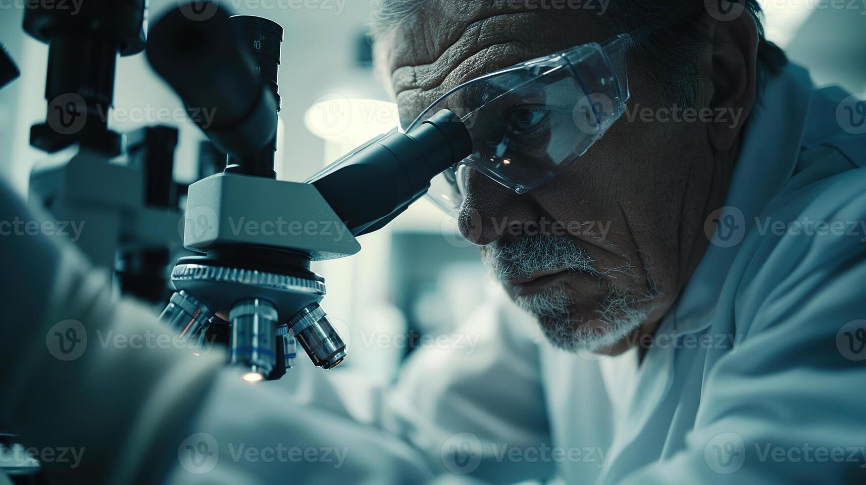 ai generado médico descubrimiento, un científico atentamente observa un nuevo vacuna mediante un microscopio, señalización un hito en cuidado de la salud innovación y investigación. foto