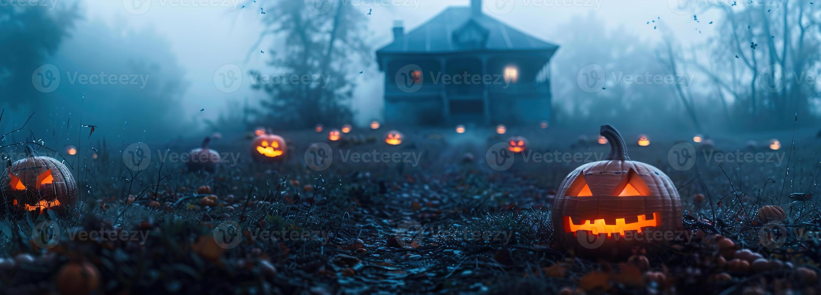 AI generated Halloween Mystery Unveiled, A Spooky, Fog-Filled Scene with Eerie Jack-o'-Lanterns and a Haunting Silhouette of a Haunted House, Perfect for a Spine-Chilling Night. photo