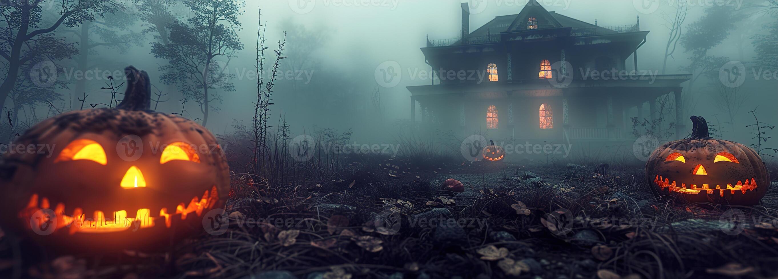 ai generado Víspera de Todos los Santos misterio revelado, un escalofriante, lleno de niebla escena con misterioso Jack-o'-lanterns y un obsesionante silueta de un obsesionado casa, Perfecto para un escalofriante noche. foto