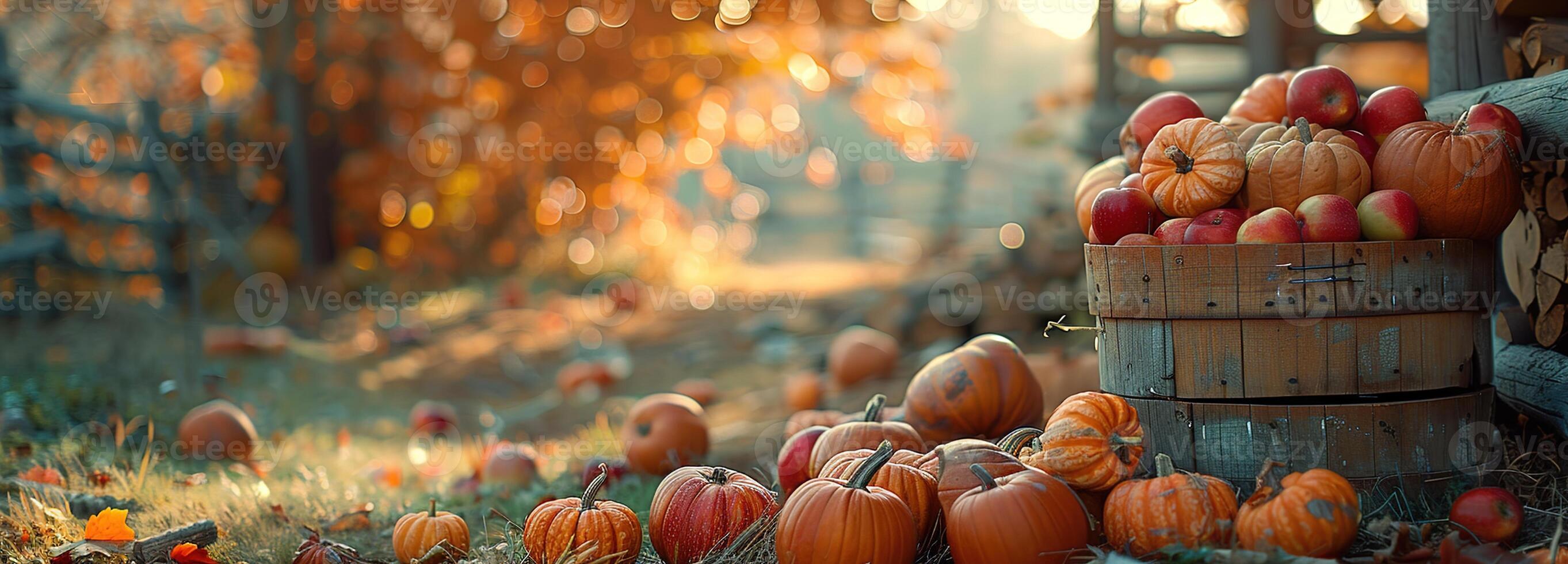 ai generado otoño cosecha esplendor, un rústico escena adornado con calabazas, manzanas, y vibrante otoño follaje, celebrando el esencia de el otoño estación. foto