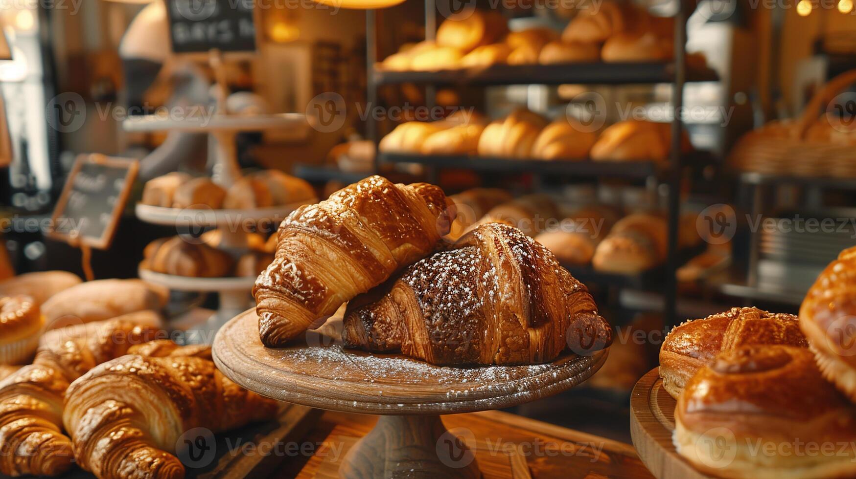 AI generated Artisan Baking, Fresh Sourdough Loaves, Flaky Croissants, and Gourmet Pastries Elegantly Presented in a Warm Bakery Setting. photo