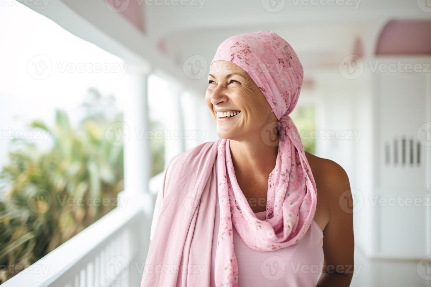 AI generated A woman with a pink scarf is smiling and looking out over a balcony. Concept of happiness and contentment, as the woman is enjoying her surroundings and the view from the balcony photo