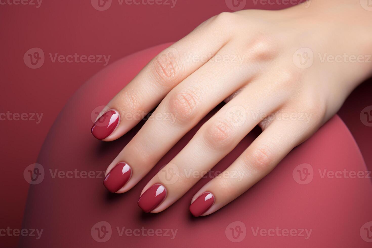 AI generated Glamour woman hand with classic red nail polish on her fingernails. Red nail manicure with gel polish at luxury beauty salon. Nail art and design. Female hand model. French manicure. photo