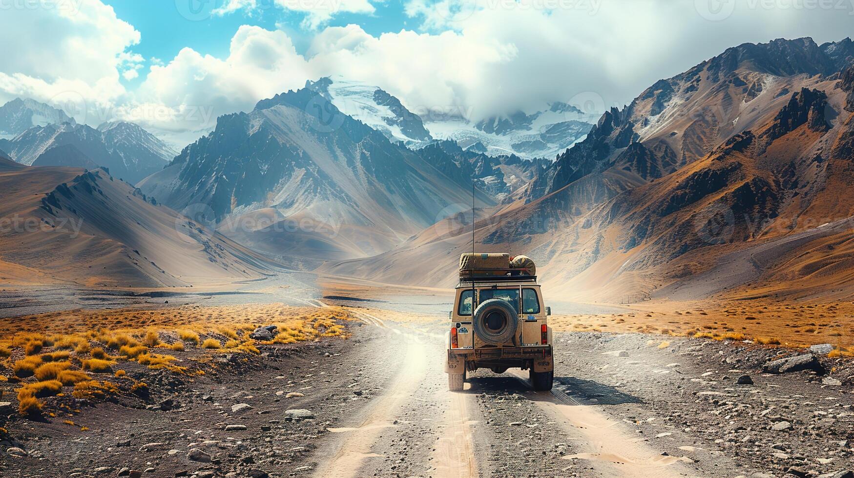 AI generated Rugged Vehicle Journeys on Dusty Roads with Dramatic Mountain Scenery in Remote Regions for the Ultimate Adventure photo