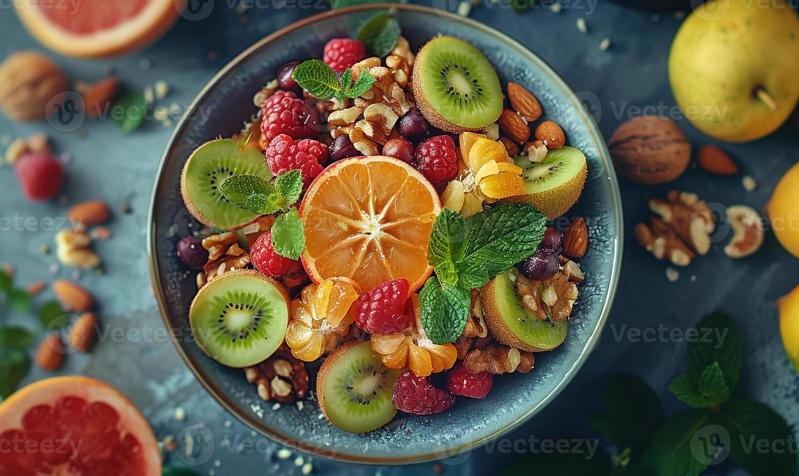 AI generated healthy eating with a vibrant top-down shot of a bowl packed with fresh fruit and nuts, symbolizing wellness and nutrition in every bite. photo