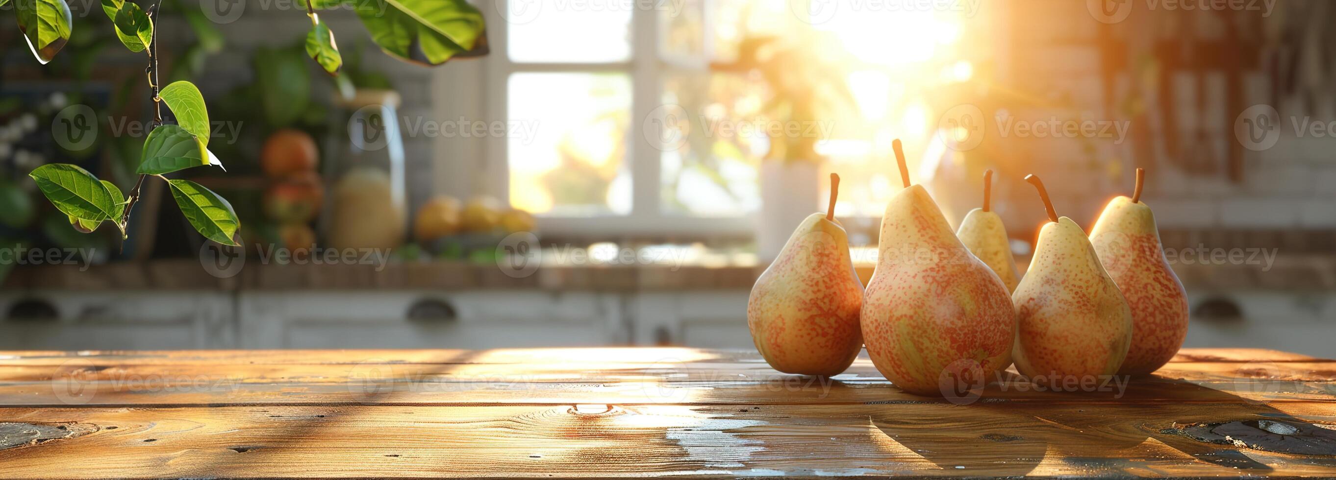 AI generated Rustic table with pears in the morning light, space for text, kitchen view, pear wooden table photo