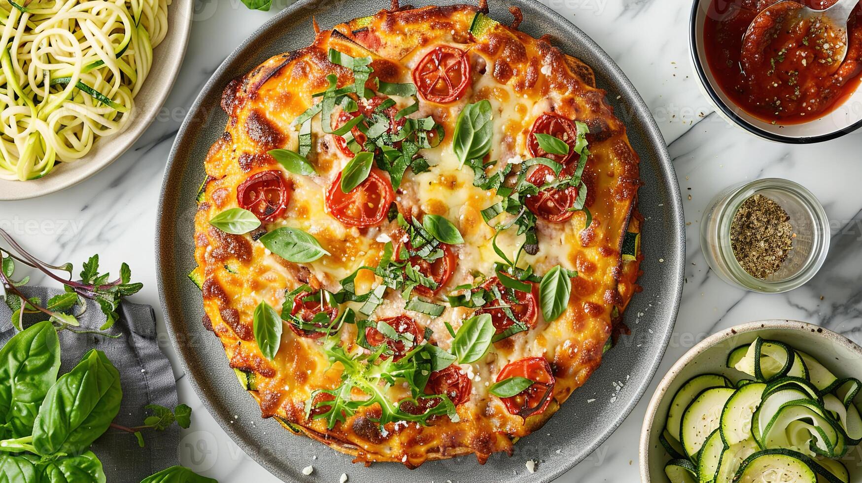 AI generated A Meal of Gluten-Free Pizza and Keto Zucchini Noodles, Ensuring Taste Without Compromise for Special Diets. photo