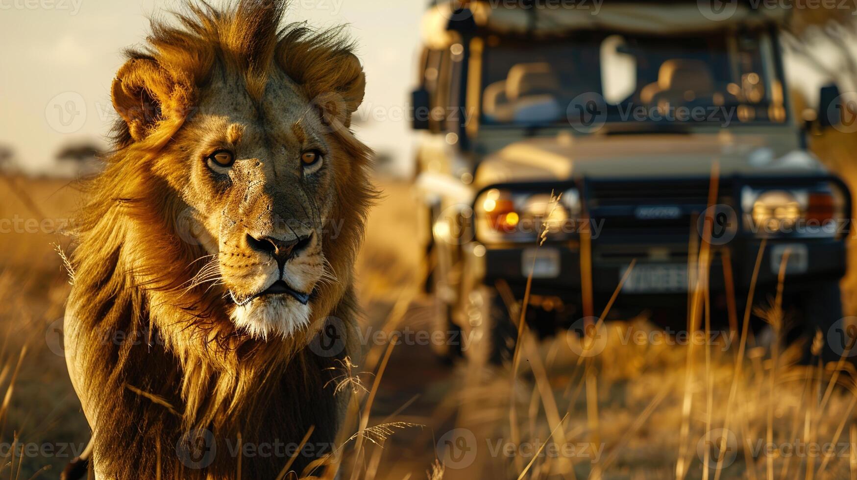 AI generated Safari Adventure, Observing a Majestic Lion Up Close in its Natural Habitat, with the Essence of African Wildlife Conservation Efforts photo