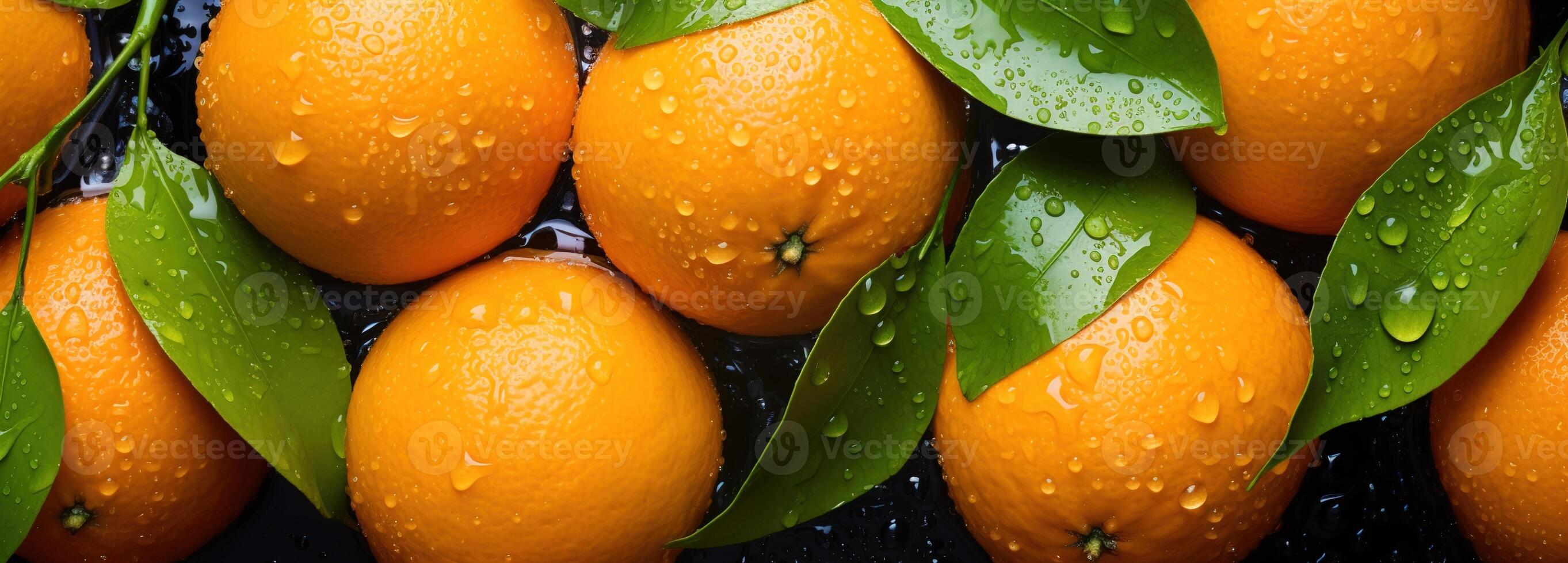 AI generated Juicy orange with leaves, highlighting the detailed patterns and refreshing droplets of water on a richly colored citrus fruit background photo