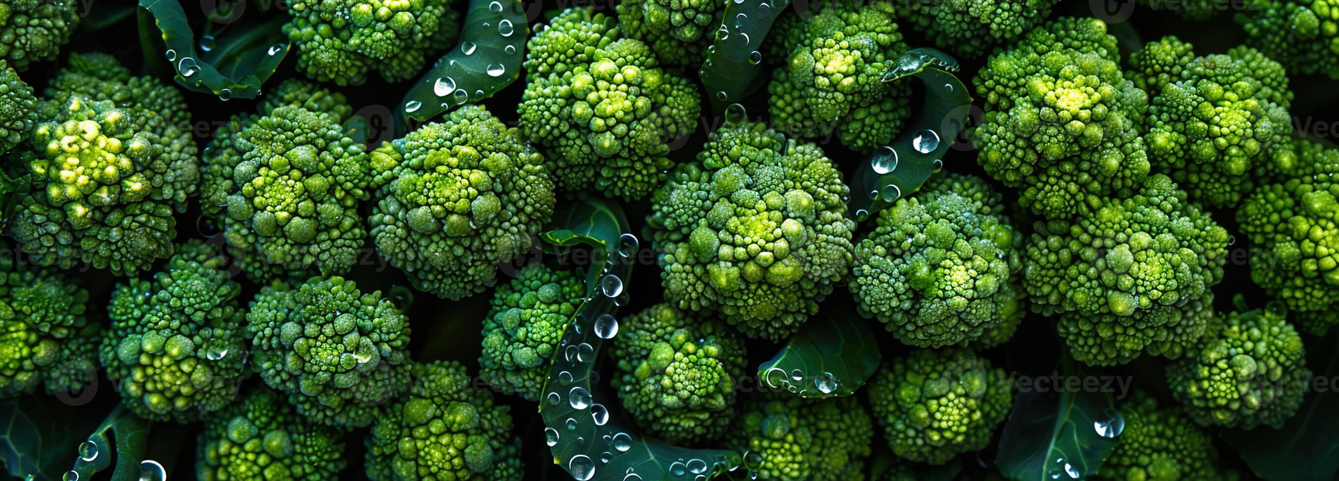 AI generated Fresh green broccoli closeup with dewy leaves, showcasing vibrant textures photo