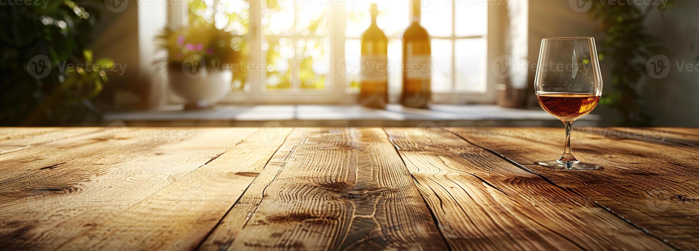 AI generated Elegant wooden table mockup with wine bottles and glasses in soft sunlight, ideal for a text space backdrop at wine tasting events and gourmet presentations, wine wooden table photo