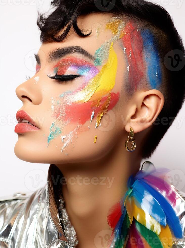 AI generated A woman with vibrant painted face, showcasing creativity and self-expression photo