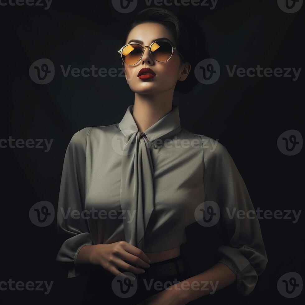 AI generated Beautiful woman, wearing a grey blouse and black belt, posed against a dark background photo