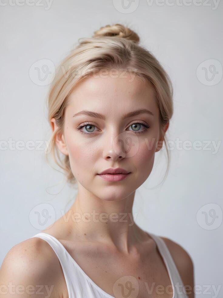 AI generated A woman with blonde hair tied up in a bun, wearing a white sleeveless top, is set against a light background, relaxed posture, showcasing the simplicity and elegance photo
