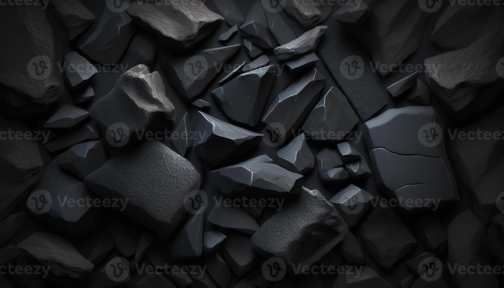 ai generado un colección de oscuro, dentado rocas o Roca piezas, densamente lleno juntos, con un jugar de ligero y sombra destacando su textura y formar foto