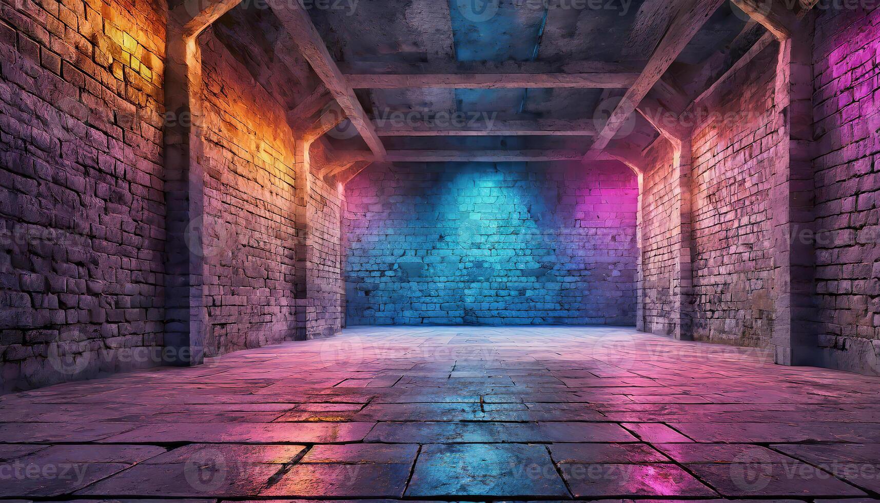 AI generated A colorful, illuminated corridor with stone walls and concrete floor, neon light photo