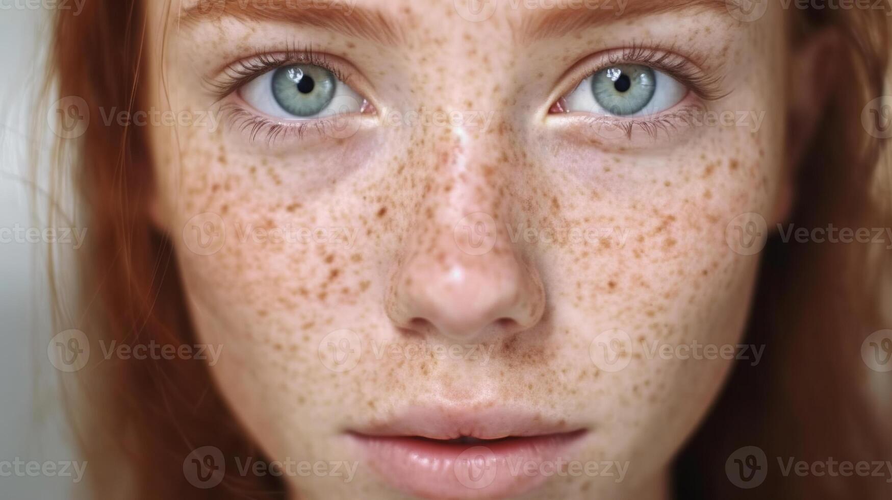 AI generated A close-up view of a womans face highlighting her prominent freckles photo