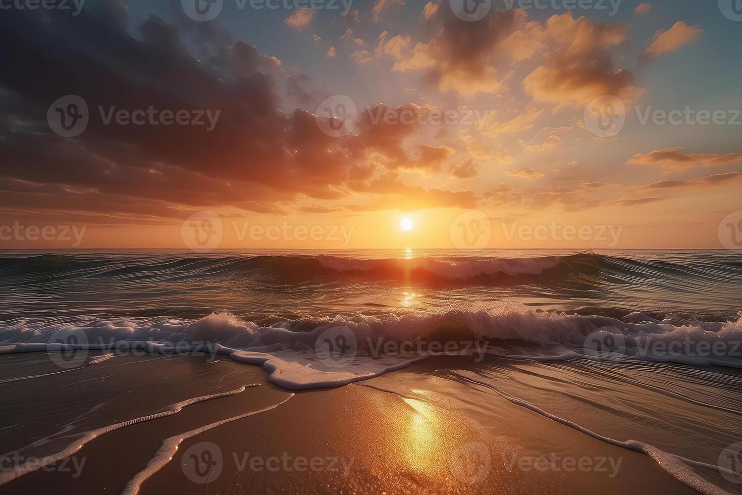 AI generated sunset on the beach with waves and clouds photo