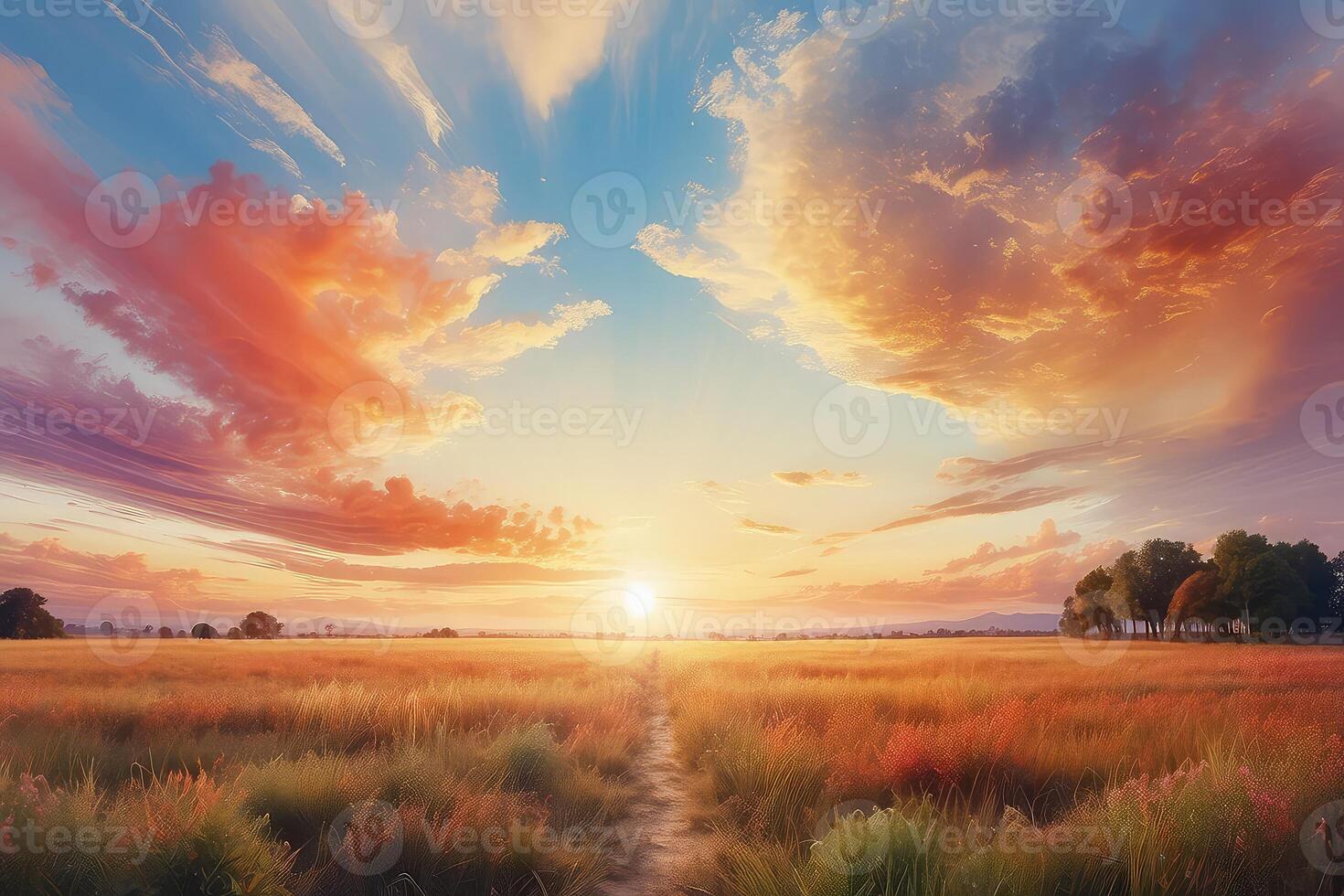 AI generated a beautiful sunset over a field with a path leading to it photo