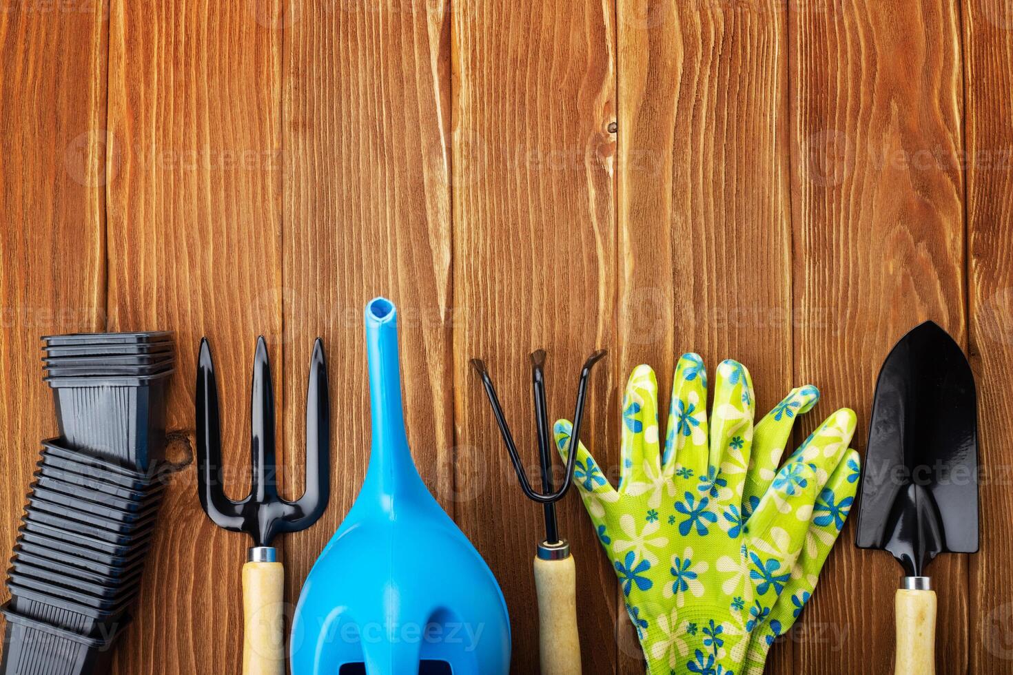 Garden tools on wooden background with space for text top view photo