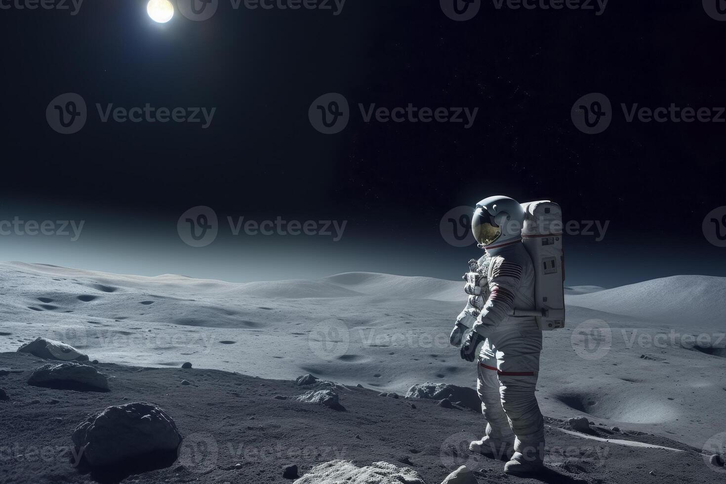AI Generated Astronaut standing on moon's surface, lunar terrain backdrop photo