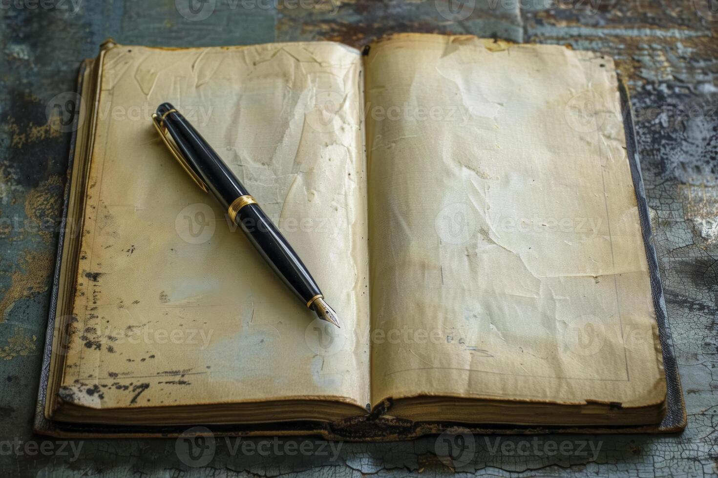 AI Generated Vintage Book and Pen on Rustic Surface photo