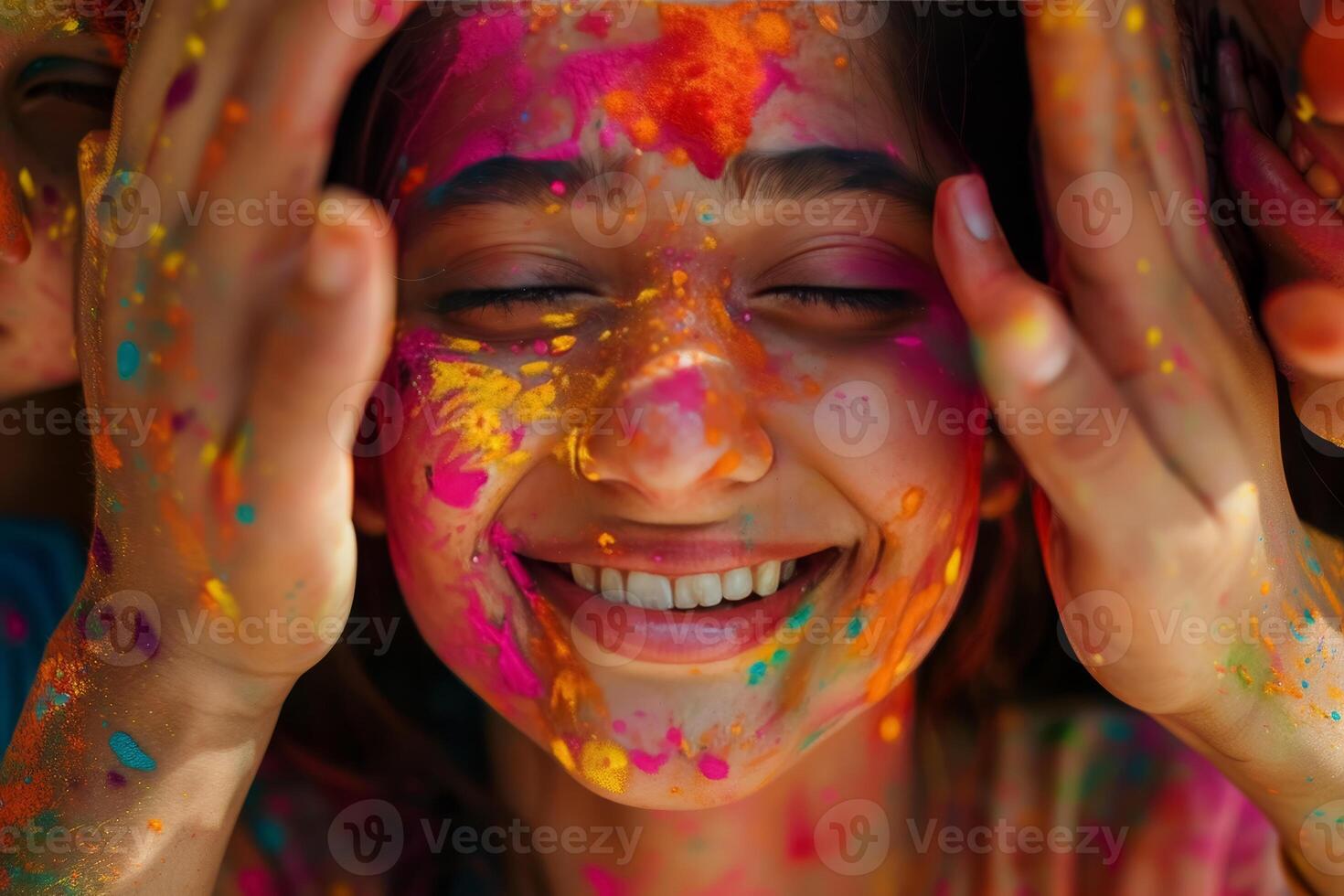 ai generado niño alegría en holi colores foto