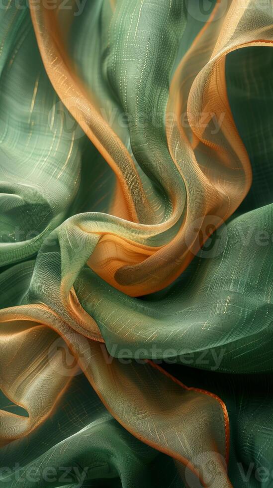 AI generated Green and Orange Iridescent Light Silk Fabric Background photo