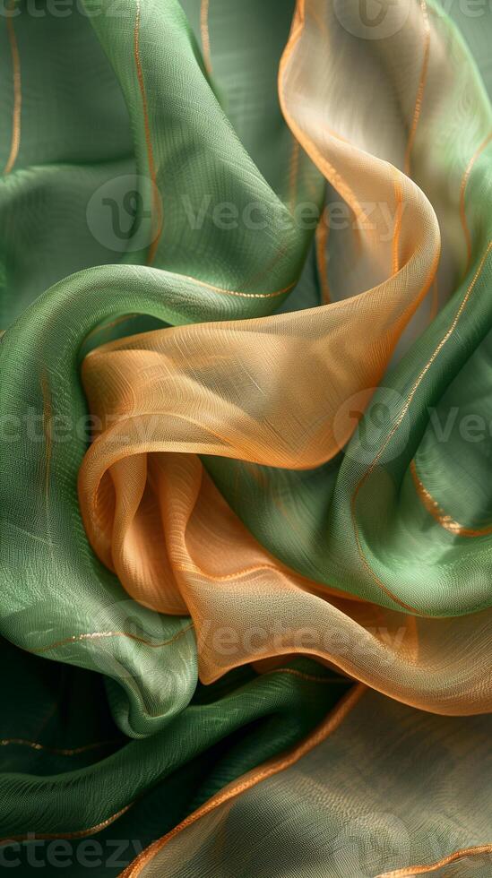 AI generated Green and Orange Iridescent Light Silk Fabric Background photo