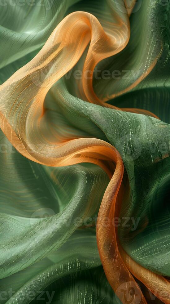 AI generated Green and Orange Iridescent Light Silk Fabric Background photo