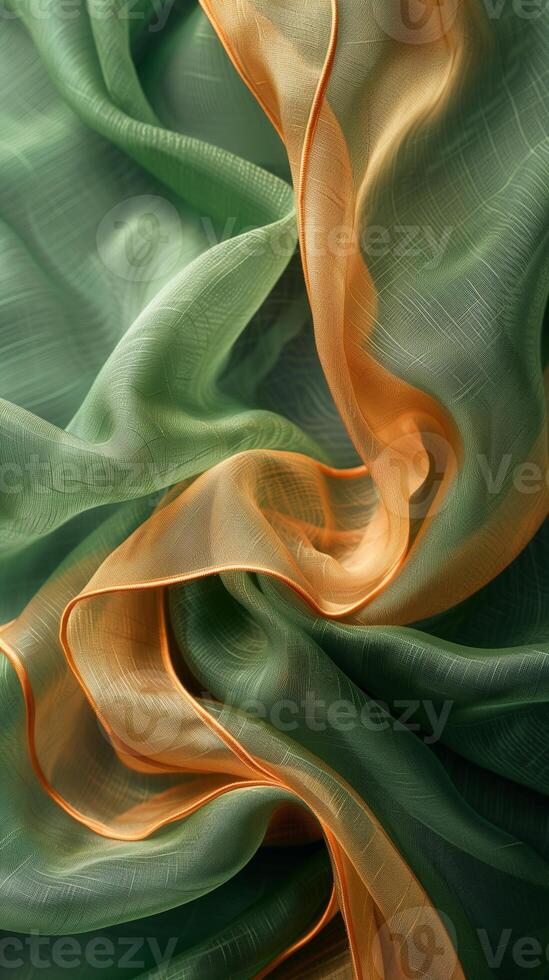 AI generated Green and Orange Iridescent Light Silk Fabric Background photo