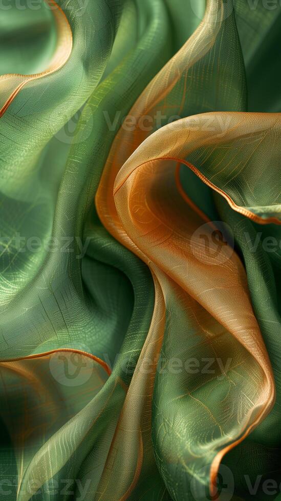 AI generated Green and Orange Iridescent Light Silk Fabric Background photo