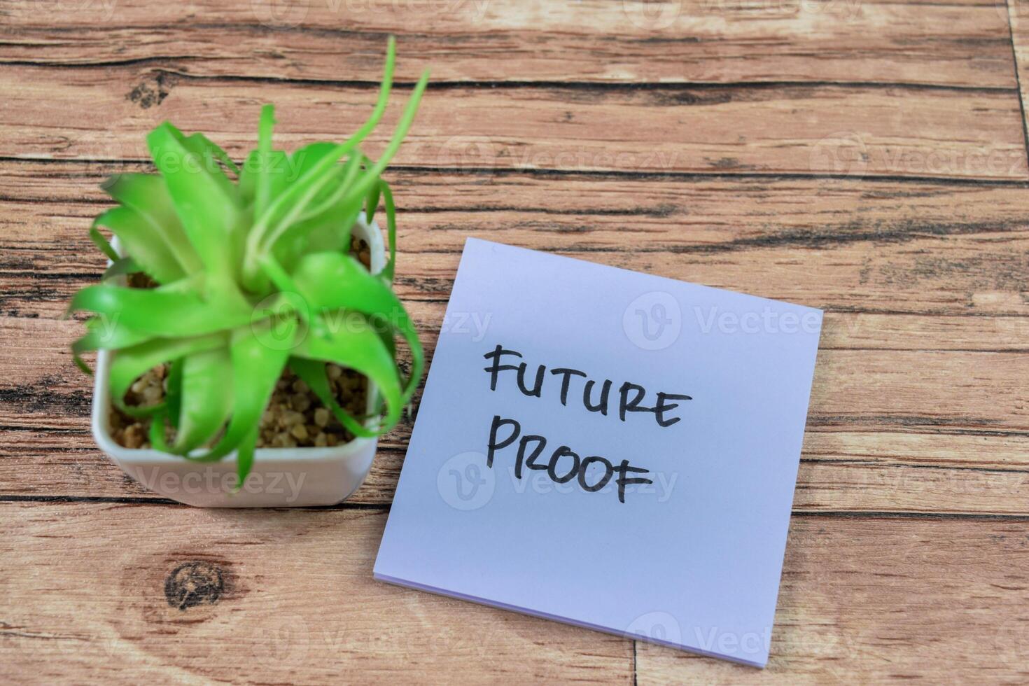 Concept of Future Proof write on sticky notes isolated on Wooden Table. photo