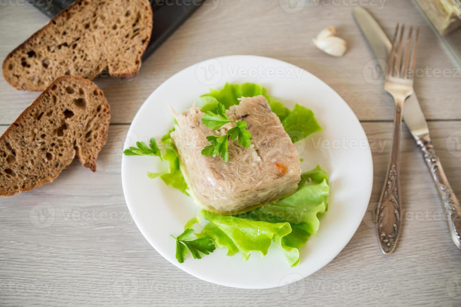 Boiled chicken meat aspic in meat gelatin broth in a plate photo