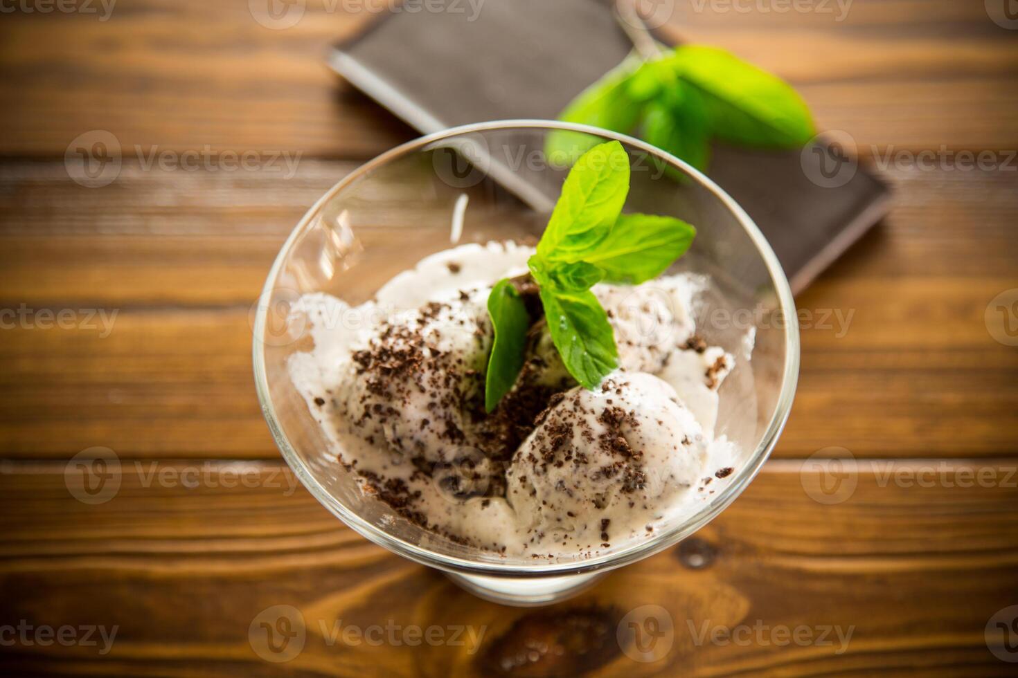 homemade ice cream with pieces of grated dark chocolate photo