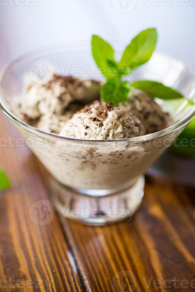 homemade ice cream with pieces of grated dark chocolate photo