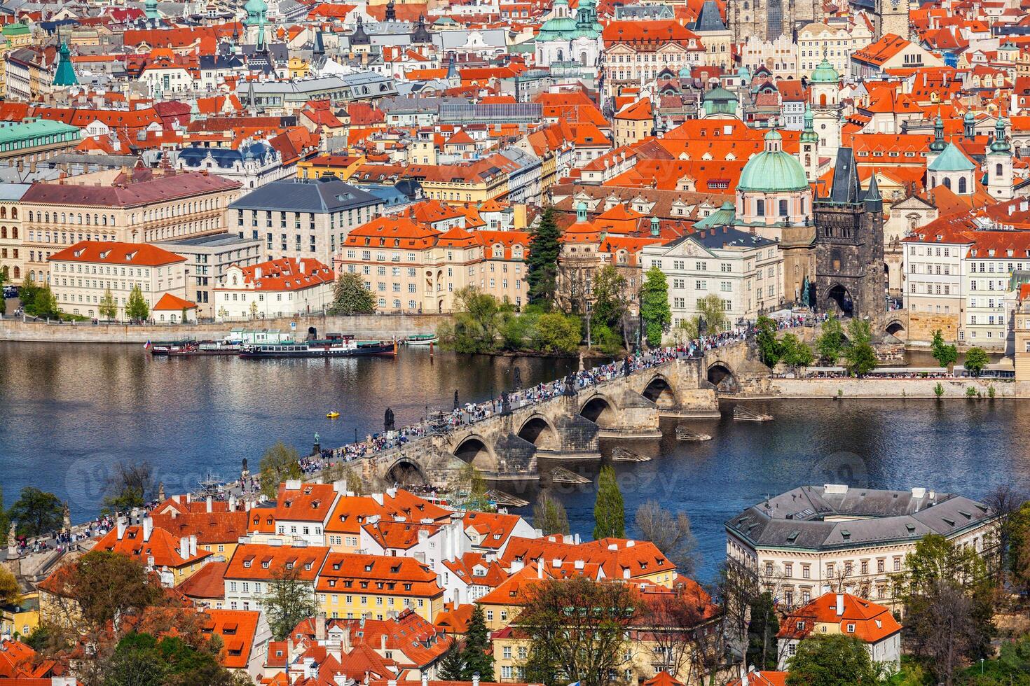 View of Charles Bridge over Vltava river and Old city from Petri photo