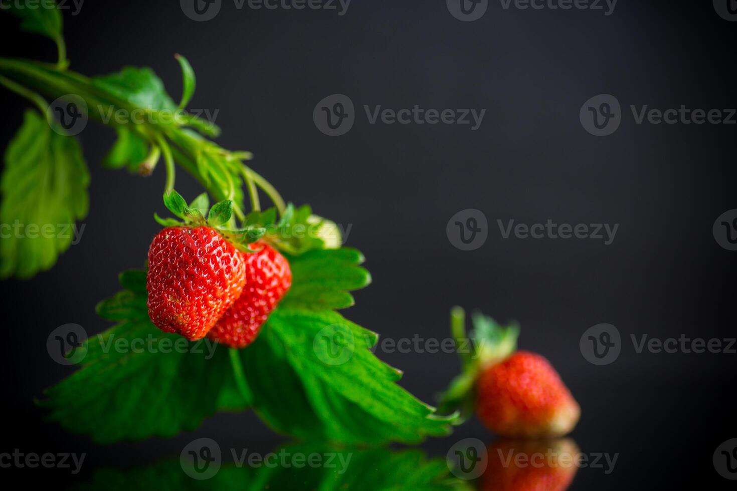 Ripe juicy red strawberry on black background photo