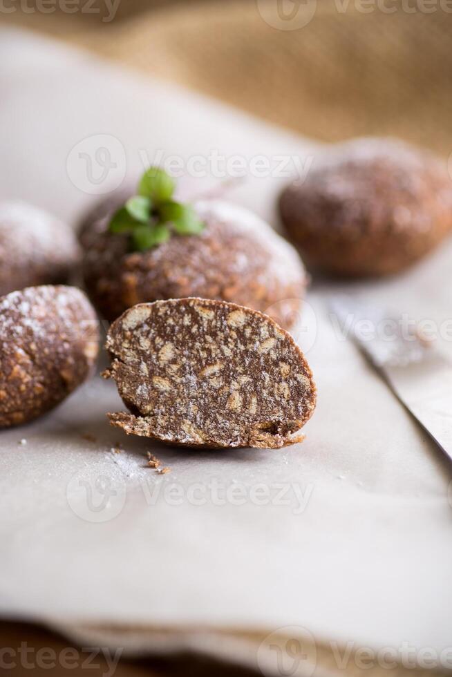 chocolate sweet cakes from mashed biscuits with additives photo