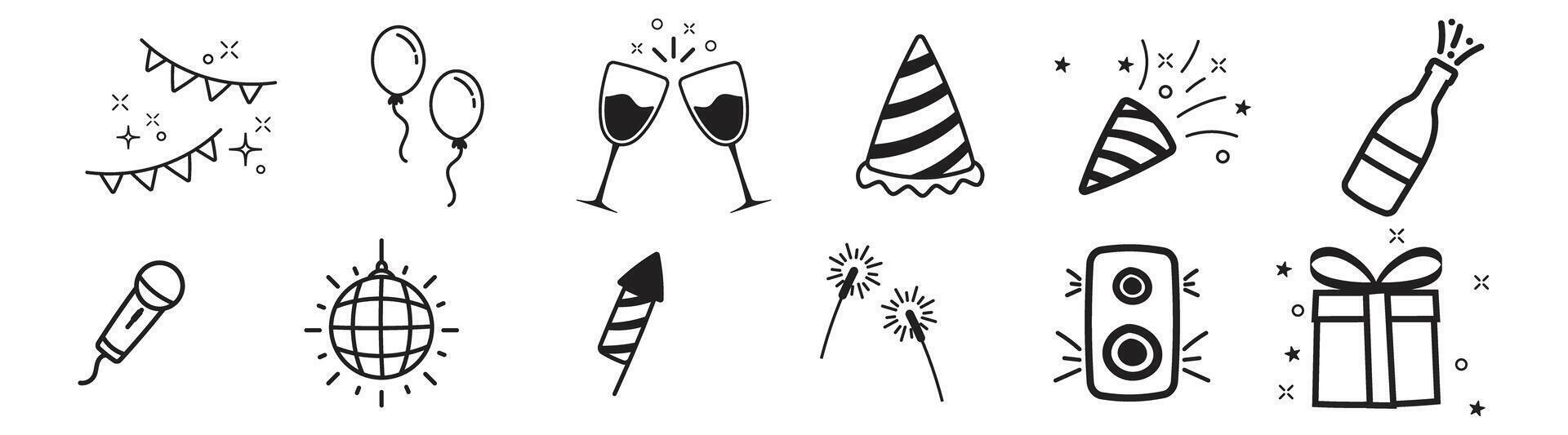 doodle party icon bundle hand drawing style sketch black, confetti decoration vector