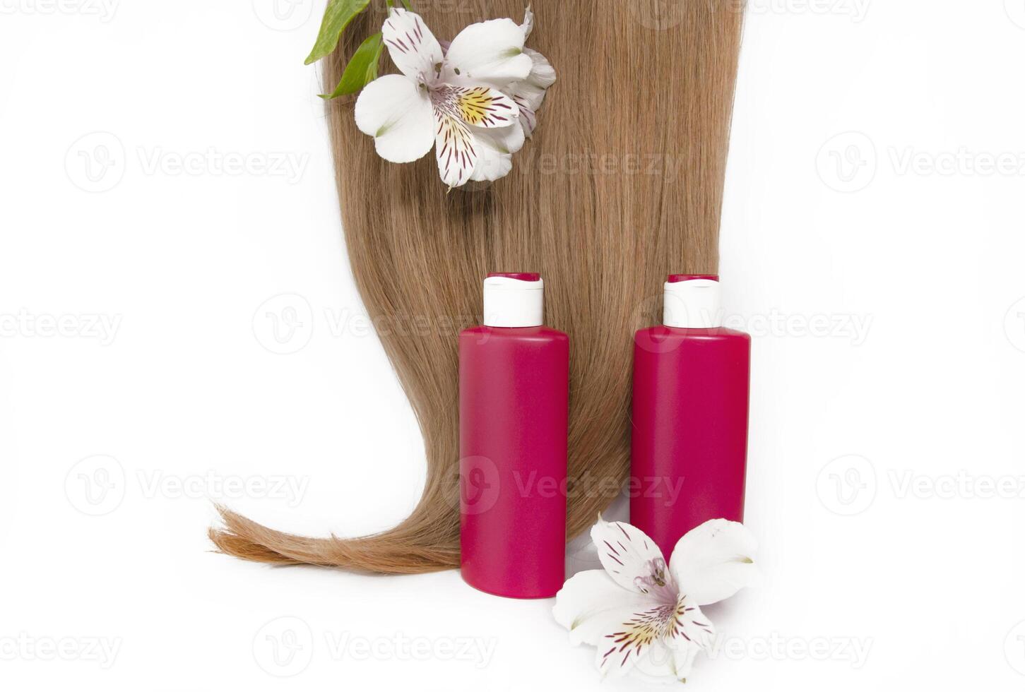 Cosmetic products on a white background. Hair care. Healthy and beautiful hair. Copy space for text photo