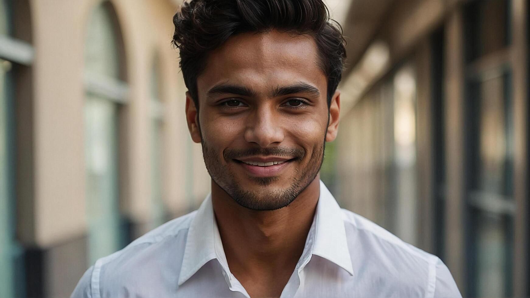 ai generado un hombre en un blanco camisa sonriente foto